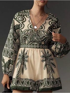 Anthropologie Green & Cream Printed Long-Sleeve Romper Dress